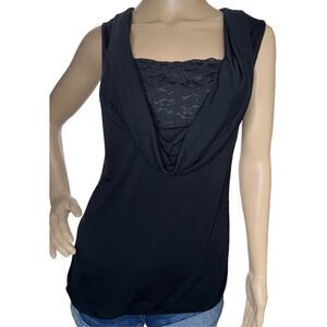 Willi Smith Crowl Neck Professional Black Blouse With Lace Detail